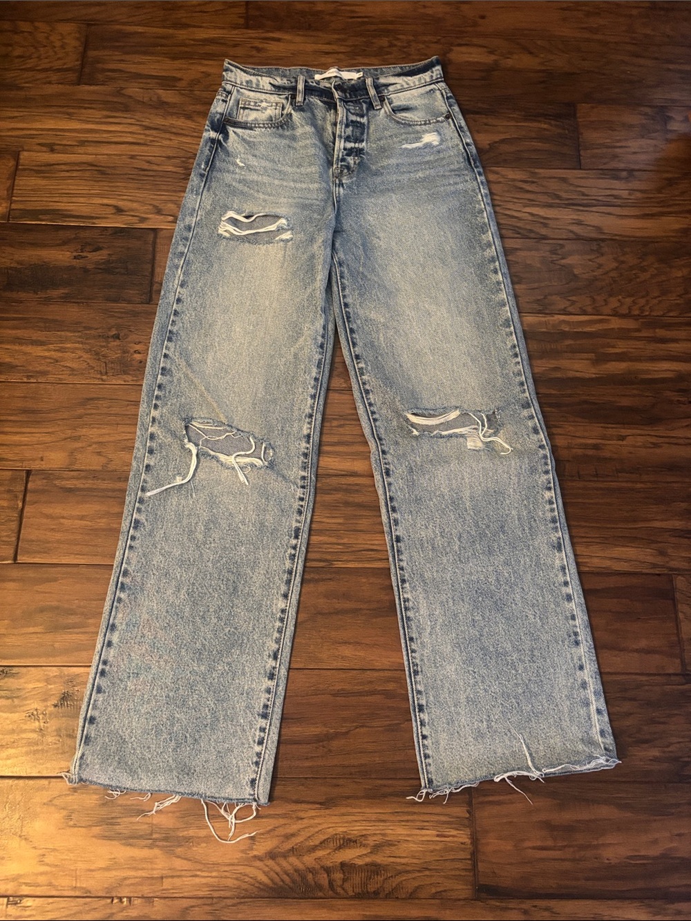 High-Rise Straight Leg Distressed Jeans - Light Wash Blue